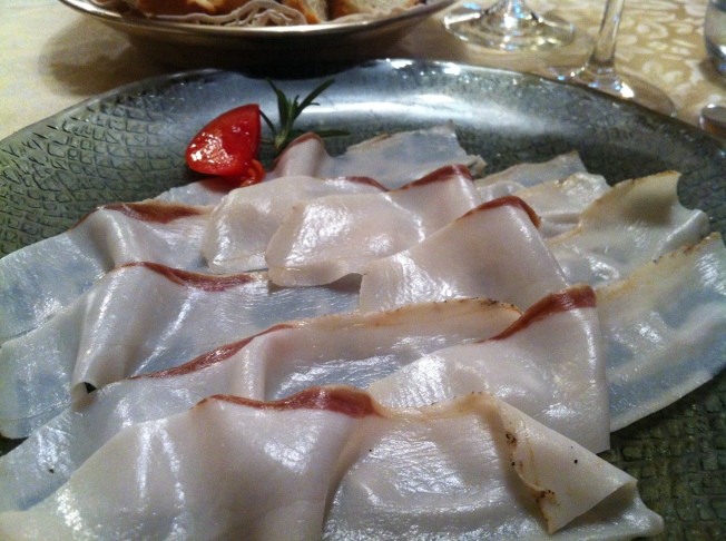 A close up look - wafer-thin slices of Lardo do Colonnata